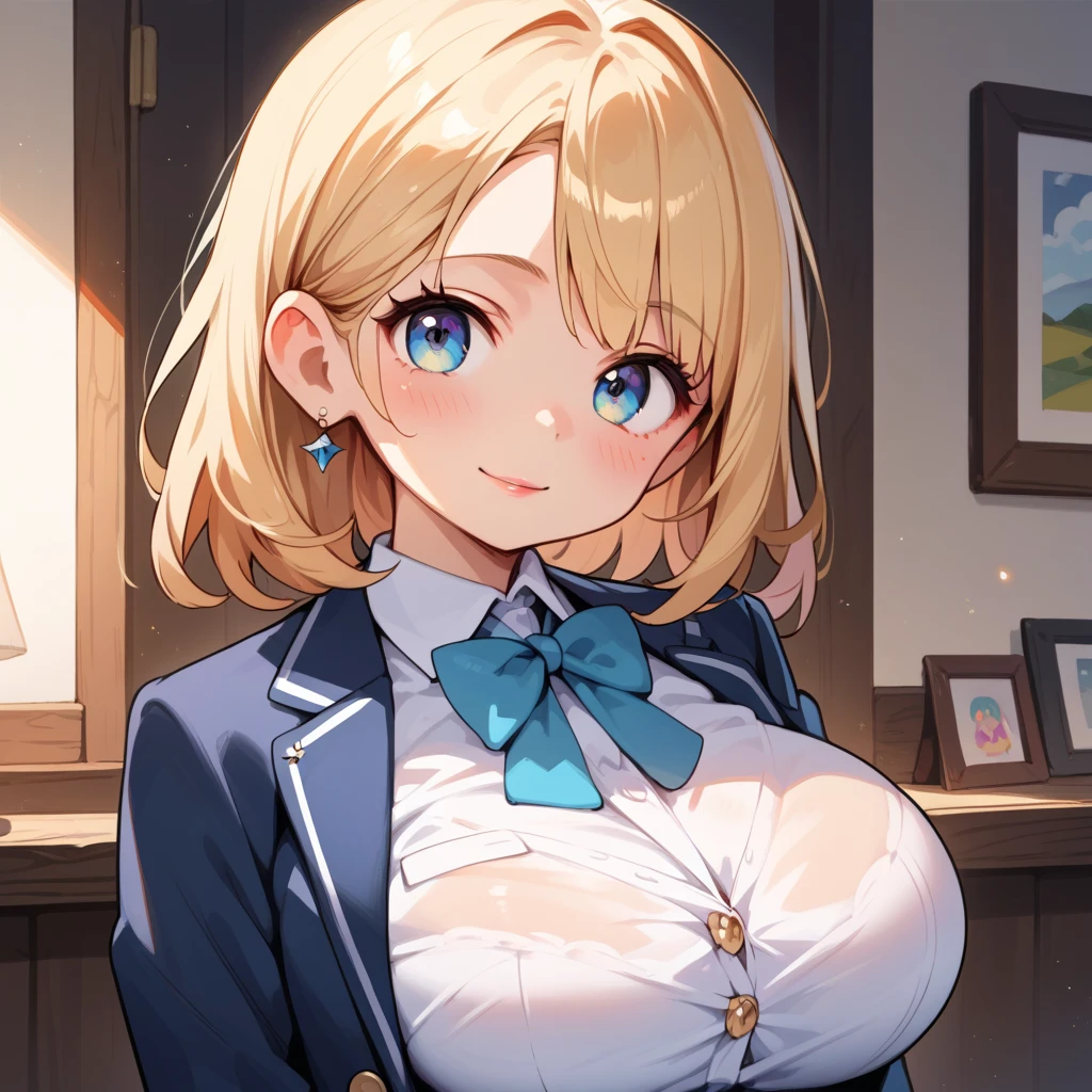 huge breasts,breasts clothes,silhouette,ultra large school blazer uniform,short hair,loose-fitting blouse,Sporty aura,
happy laughter,energetic for nothing,Excessive youth,