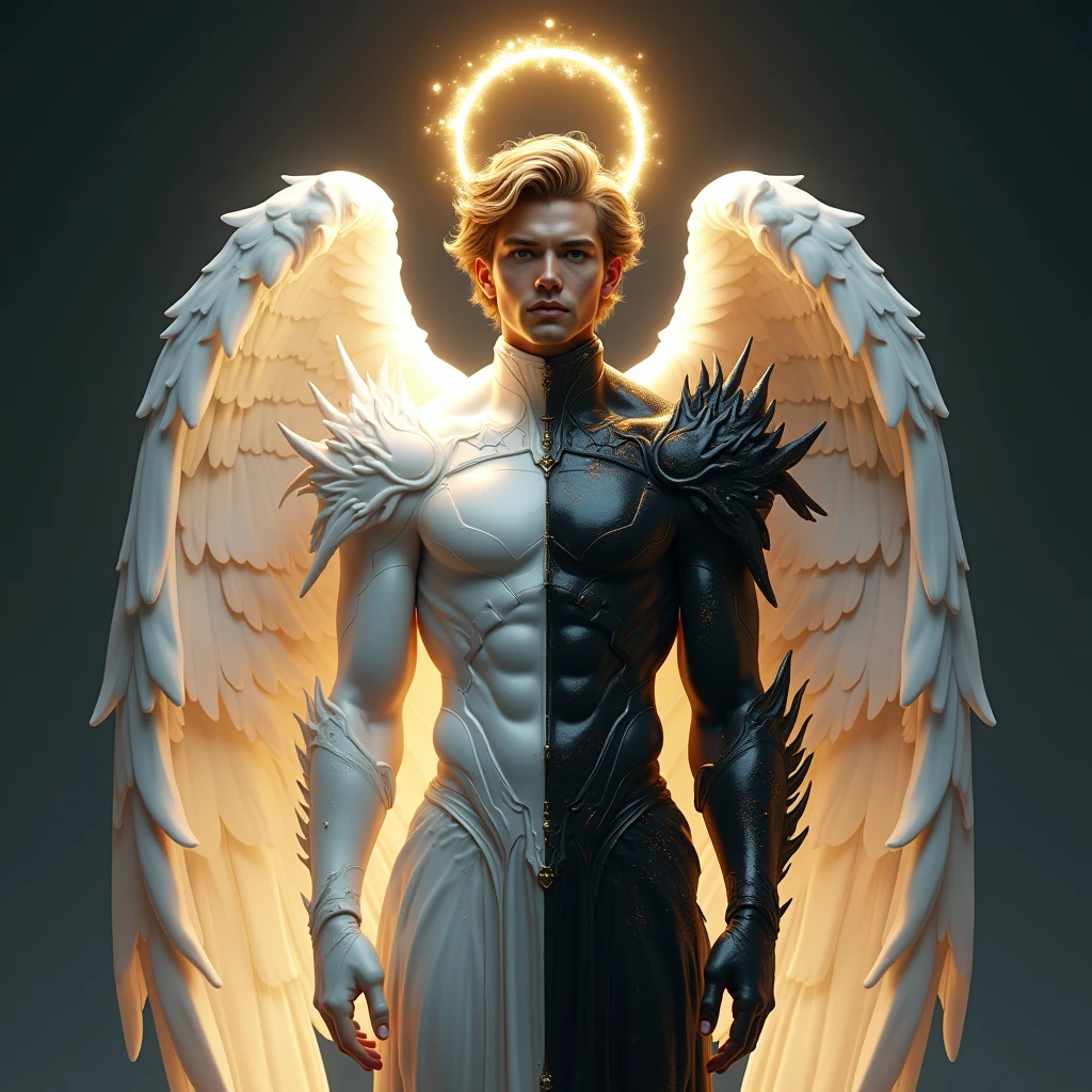 (Masterpiece)+, (Best Quality)+, (Complex Detail)+, showroom concept, lens flare, camera artifact, professional photographer, 4k, HDR, longitudinal symmetry, Draw a male angel in a heavenly environment. The angel must be entirely white, with white hair, white skin, white eyes, and white clothes. He must be strong and fat, Short Haired, Mohican. with beautiful and majestic wings. The angel should be in a stunning location, with heavenly landscapes in the background. The image should be realistic and similar to a photograph. --auto --s2