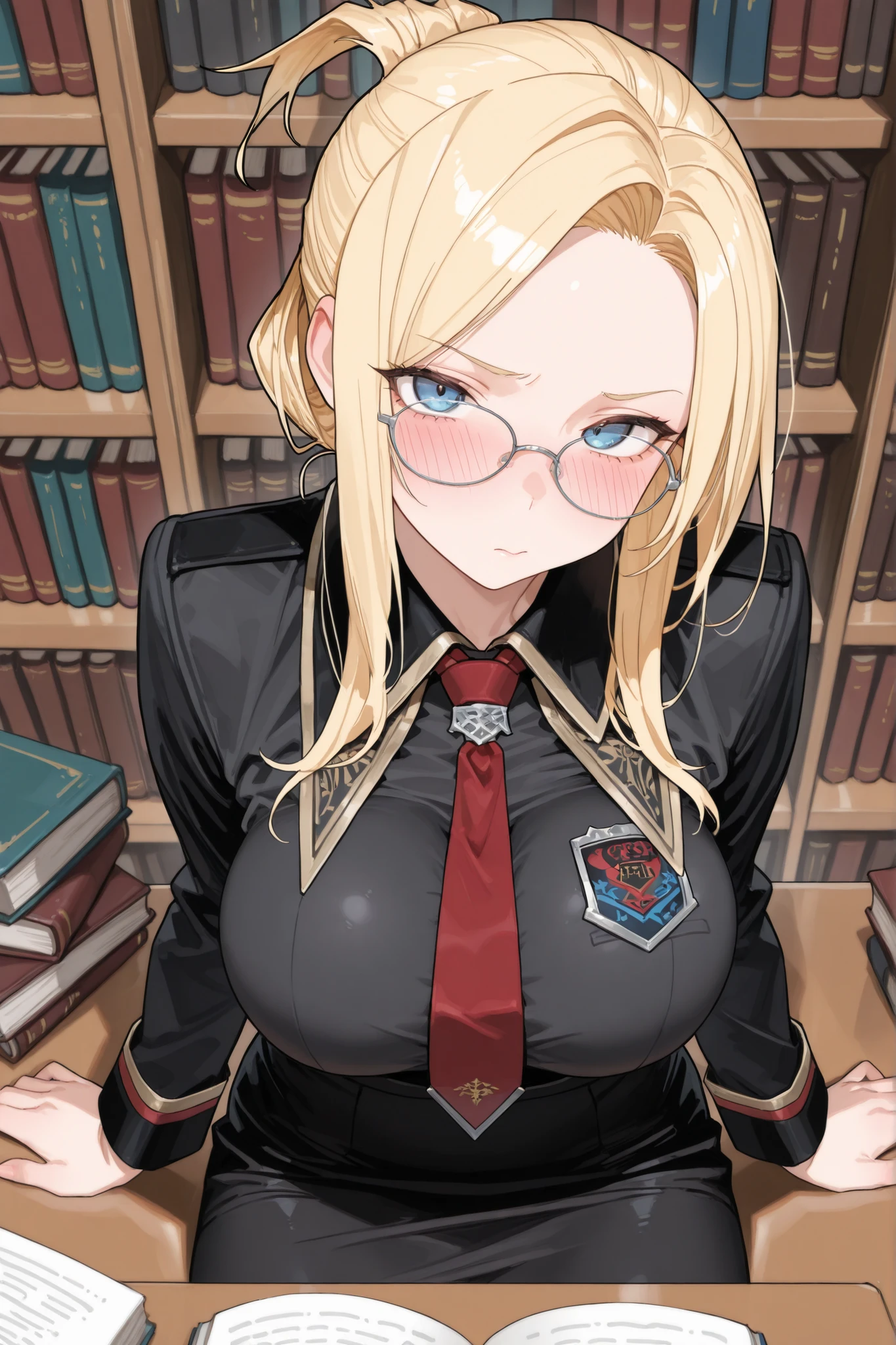 (Masterpiece, absurdres, topquality) 1girl, solo, maturefemale, ffqsts, blonde hair, folded ponytail, blue eyes, glasses, collared jacket, black uniform, red necktie, black skirt, pencil skirt, library, books, sitting, breast pressed against desk, looking a viewer, blushing