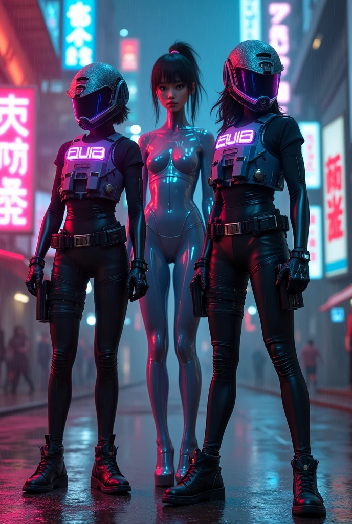 (masterpiece), (best quality), (high res) Solo, (perfect anatomy) Dronificated unknown woman, (fully enclosed black latex fullbody suit), (green lights across the suit), (cross shaped glowing core in the chest), (fully enclosed cyber helmet) that cover her whole face and hides her identity with only two glowing green lines in it's otherwise, empty black face, huge breast, narrow waist, wide hips and thick thighs, in a futuristic city, (neon lights), (rain), (night) no face, no hair, no mouth, no eyes