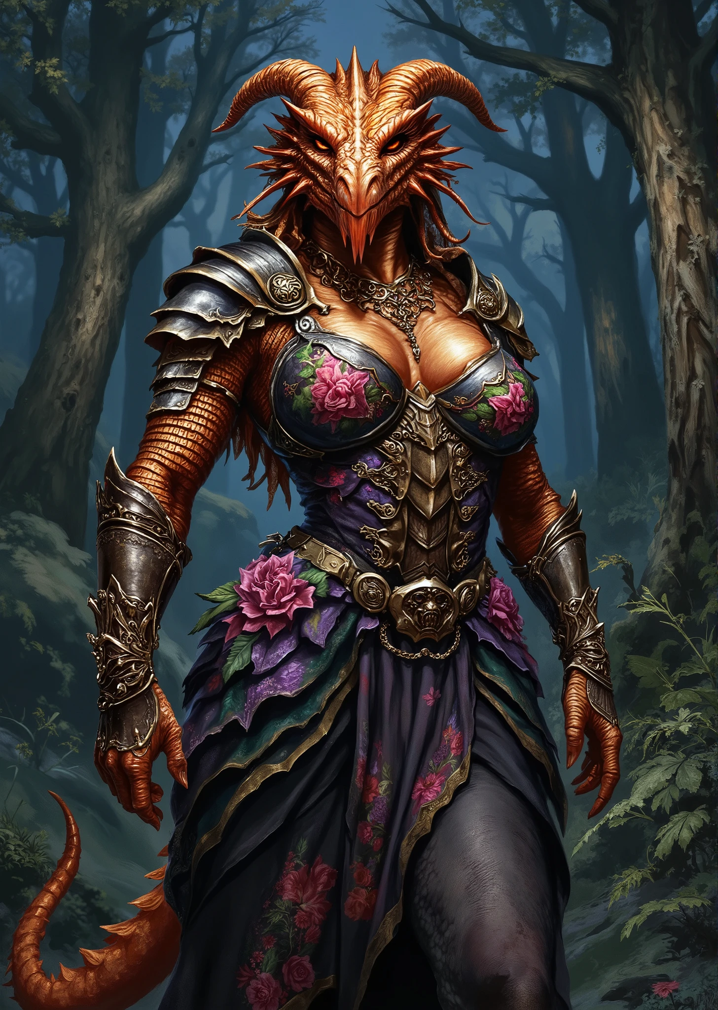 An extremely detailed comic book illustration of an extremely curvaceous Metallic Copper Dragonborn from Dungeons and Dragons which look like wingless bipedal dragons scaly bright-eyed and thick-boned with horns on their heads with copper coloration cursed as a Dungeons and Dragons Archfey Warlock questing for knowledge that lies hidden in the fabric of the multiverse delving into tomes of forbidden lore dabbling in invocations meant to attract the power of extraplanar beings or seeking places of power where the influence of these beings can be felt drawn into a binding pact with a powerful patron and once made the Warlock's thirst for forbidden knowledge and power cannot be slaked forced always to pursue greater power and more abominable knowledge forced into becoming the slave of a hag or the willing servant of the winter court of the unseelie wearing a striking and ethereal outfit that blends natural elements with a fantastical aesthetic reflecting a connection to nature with a fitted bodice adorned with vibrant floral patterns that hugs her massive breasts a voluminous flowing skirt made of dark silk a decorative belt cinching her waist featuring intricate designs a delicate headpiece adorned with flowers which adds an enchanting quality to her overall look her arms may be adorned with bracelets or cuffs that echo the floral and natural themes of her outfit enhancing her connection to the environment around her a harmonious blend of elegance and nature embodying a mystical character that draws the eye and captivates the imagination in an art style inspired by Frank Miller and Conan the Barbarian. The Background is awash in dark moody textured brushstrokes in tones that evoke an enchanted forest at night. Standing in a dynamic action pose. Trending on Art Station.