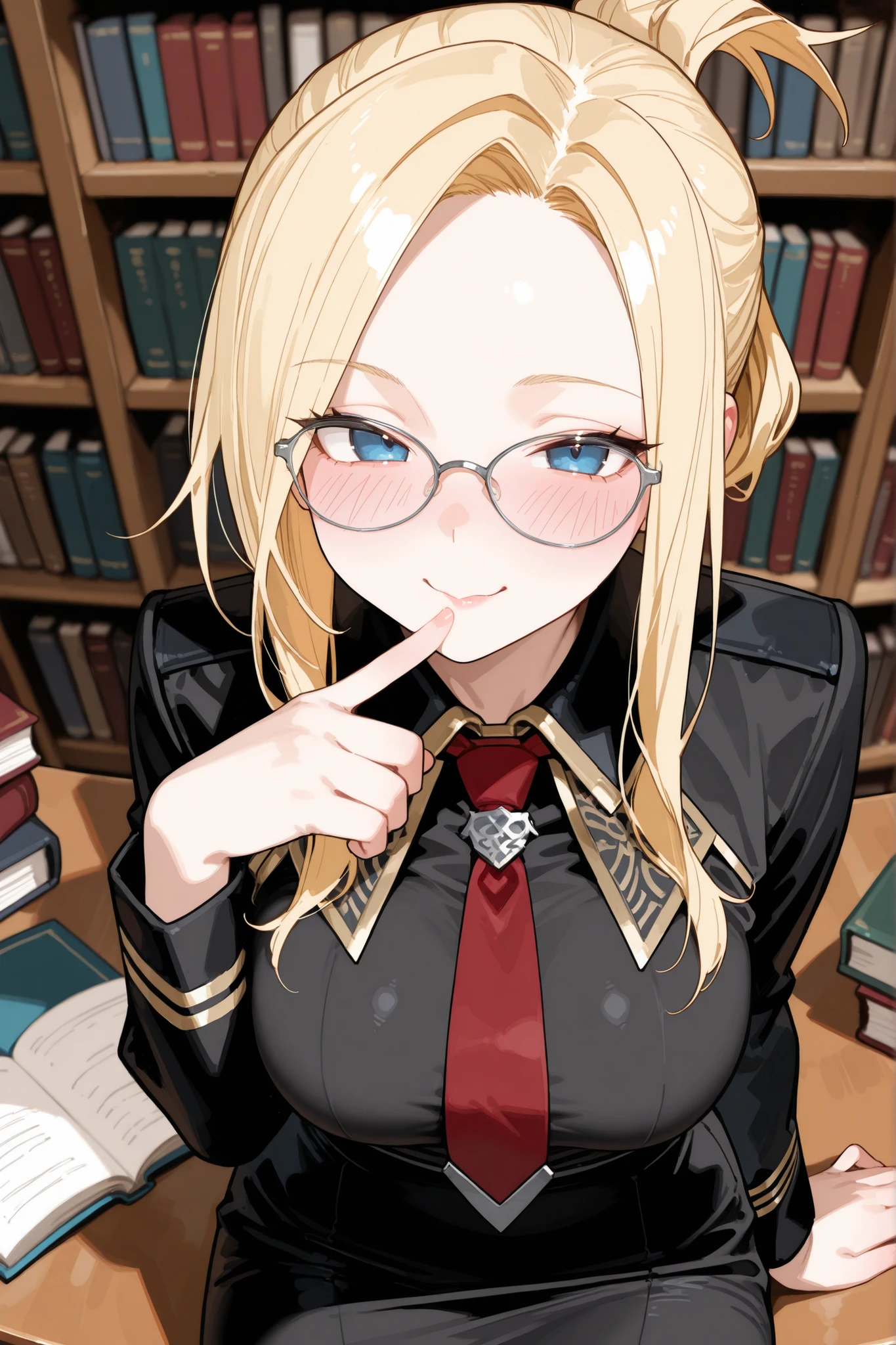 (Masterpiece, absurdres, topquality) 1girl, solo, maturefemale, ffqsts, blonde hair, folded ponytail, blue eyes, glasses, collared jacket, black uniform, red necktie, black skirt, pencil skirt, library, books, sitting, leaning on desk, breasts pressed on desk, looking a viewer, blushing, flirty expression, finger in chin