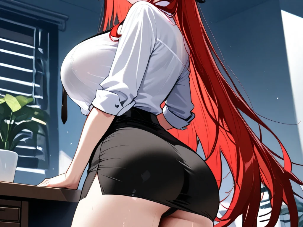 1 woman milf “"Giant breasts" + "large rear" + "wide hips" + "plump thighs" + "red eyes" + "(white star pupils)" + (("serious expression")) + "Long red Hair in a ponytail" + "Red Lips" + "Lucious Lips"”)}, {“Outfit”: tight white shirt, short tight black skirt, long white Lab Coat open})