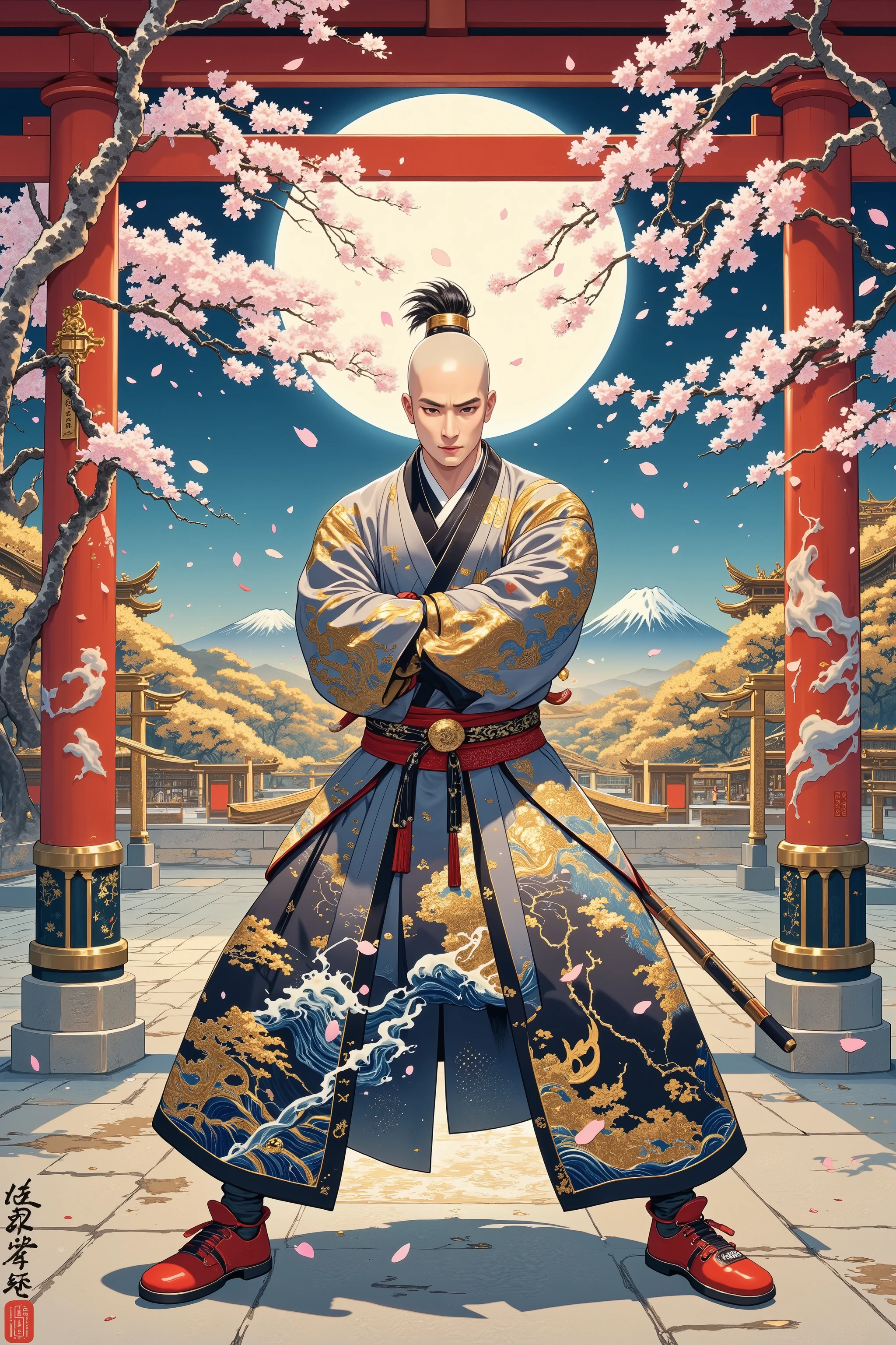 (((masterpiece))), (((best quality))), ((ultra-detailed)), ((male)), (Chinese monk), (shaved head), (muscles), (kung-fu), (spear), (training), (temple)