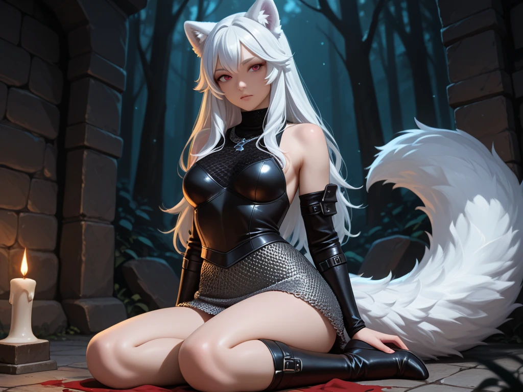 (best qualityer, 4K, Masterpiece artwork :1.3), one pretty woman, A hyper-realistic, (big teats, attractive body: 1.2), Face ultra detailed, detailed lips, open neckline, (shining skin: 1.2), form breasts, best qualityer, ((complete body, including legs)), photo of a beautiful (evil smile) 25 year old Anglo-Saxon, with LONG, white, flowing hair, violet eyes, ((SHARP JAW)) with happy , shapely thighs, space between thighs, big elastic ass, white fur, bare skin, (Leather tights: 1.2), fur-trim, Leather boots, Leather gloves, lying on the right side to the viewer, na neve, giorno, snow covered forests, snow-capped mountains in the background, camel toe, STAND UP, standing, SEMINUA, STANDING UP, sexy panties