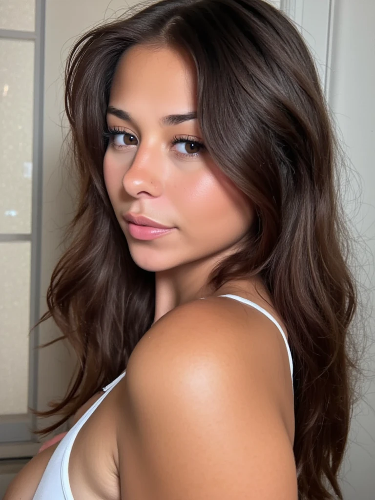 a photorealistic portrait of a 21-year-old Brazilian girl with long flowing brown hair, slightly full and luscious lips, lightly defined cheeks, striking light brown eyes and long eyelashes, and a slightly but not overly tanned Latino complexion. She must have beautiful and fine facial features1 femme, Long Wavy Hair, dark brown eyes, condo, nounous, ciel, blonde, midsize breasts, working as a flight attendant