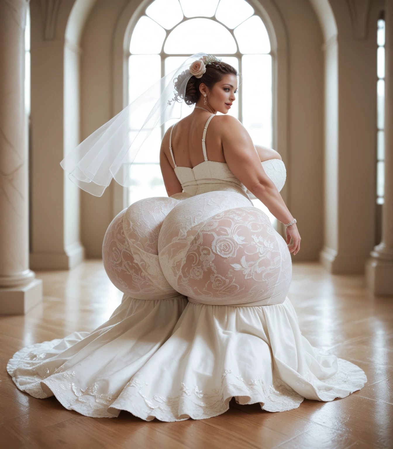 POV from behind araffed woman in a wedding bride frock dress and high heels on a floo, giant back ass stunning goddess shot,big ass show-off, American goddess, voluptuous and arousing, elegant posed, clear curvy details, beautiful curves, stacked, asian nymph bald goddess, opened back dress, full length back view, angela white, on the altar, wearing stunning ivory dress, elegant seducing pose