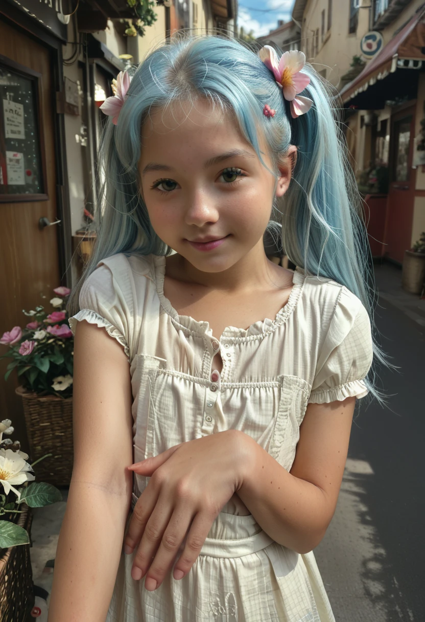 HYPER REALISTIC, 8K, perfect detailed face, perfect hands, a cute young girl, long light blue hair ponytails brown roots, tiny figure, in a street with flowers, sited