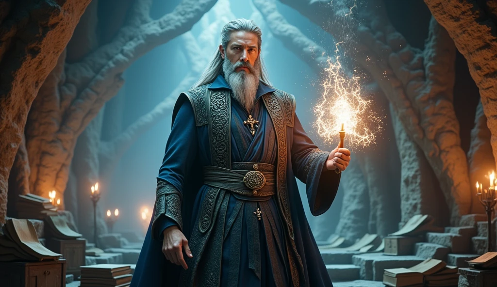 (solo), film grain, still from a fantasy movie, 55 year old wizard, (white hair), (shirtless, muscular), (beefy:0.3), determined expression, handsome, magic, dynamic angle, library, cinematic lighting, vivid colors, intricate details, ornate wizard robes, (detailed background), <lora:more_details:0.7>, dynamic pose, action shot, long flowing hair, HDR, bokeh, holding mage staff,