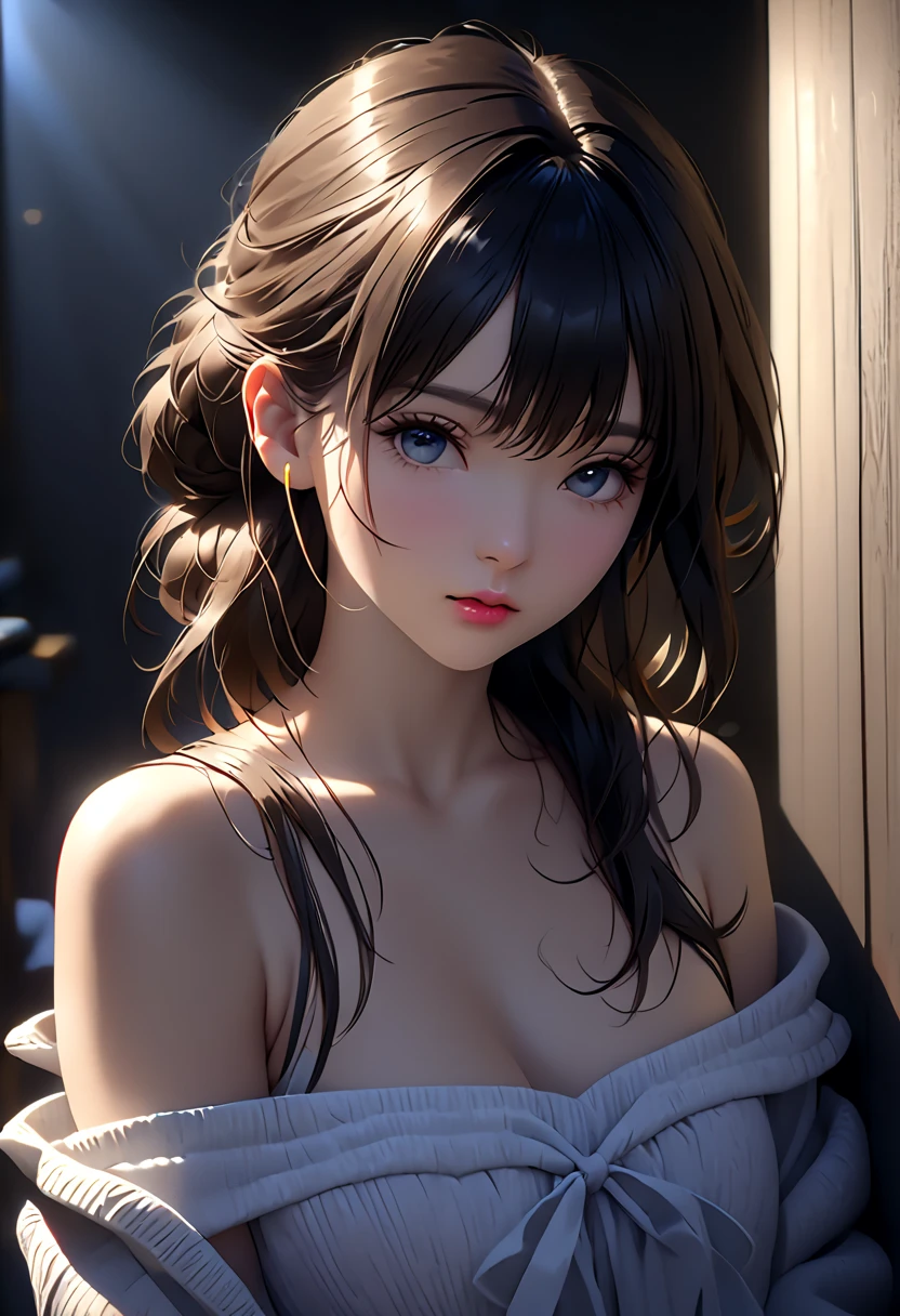 highest quality、masterpiece、High resolution、Soaking in the bath、Black lace T-back、(Very delicate face)、(smile)、blush、No bra、Brown Hair、Long Hair、Hair tucked behind ear、Hair curled、Dark Eyes、Detailed eyes、Absurd,High resolution,Super detailed,Very detailed,32k,8K resolution, Complex details dynamic angles, Natural light