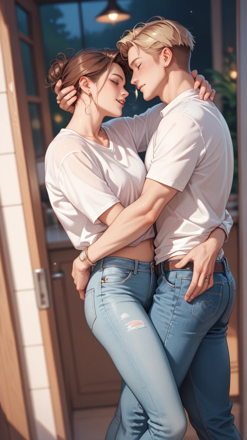 1 man, 1 woman, (male model hugging female model, passionate hugs and kissing, intimate relationship: 1.2), Araf woman in pink top and jeans and handsome male model, Korean female fashion model, photo of slim girl model, wearing tight simple clothes, skinny waist and thick buttocks: 1.1, gorgeous young Korean woman wearing sexy cropped top in crop top with crop top, Korean girl, casual dress style, 2 4 year old female model, beautiful Korean woman, HD, 16k, realistic, small round face: 1.0, realistic perfect face and skin, detailed beautiful glasses, double eyelids, long eyelashes, swollen eyes, realistic face and eyes, facial light, super detailed facial details, lip gloss, blush: 1.0, brand open crop top (pink, open V-neck, super realistic detailed clothes: 0.8, huge boobs: 1.5, perfect breasts and nipple bulge: 1.5), high-end brand skinny jeans ((super realistic detailed jeans: 0.6)), perfect big boobs, Perfect breasts, perfect waist, perfect buttocks, (enchanting, beautiful, sexy: 1.0), (round calves: 1.2), (white and tender toes: 1.2, wearing high-end designer crystal sandals (stiletto heels: 0.5)), realistic and stylish shawl hair, shoulder length: 1.0, smiling teeth: 1.0, handsome male model: 1.0, private shooting, private shooting, background ((super luxurious yacht, green venue, buffet table, swimming pool, poolside parasols and beach chairs)) , dating a male model: 1.2, dancing gracefully: 1.5, autofocus: 1.2, diverse poses, shooting full body: 1.5