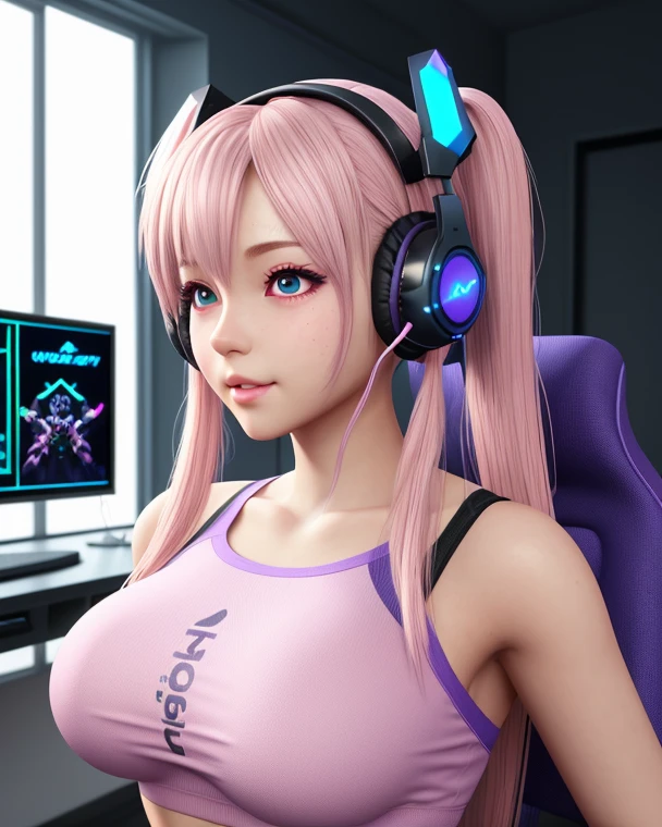 (best quality,4k,highres),ultra-detailed,physically-based rendering,(vivid colors:1.1),(playful expression:1.1),beautiful detailed eyes,beautiful detailed lips,cosplay costume,(dynamic pose:1.1),(dedication to gaming:1.1),energetic and action-packed atmosphere,(immersed in virtual world:1.1),(anime-style artwork:1.1),glowing digital effects,electric blue accents,brightly lit studio with soft lighting,artistic interpretation of video game elements,creative composition,cartoonish style,scenery with video game elements,headphones,console controller,keyboard,attractive background,sexy outfit. Cyberpunk, cute smile, pink blue, sexy lingerie, gaming room