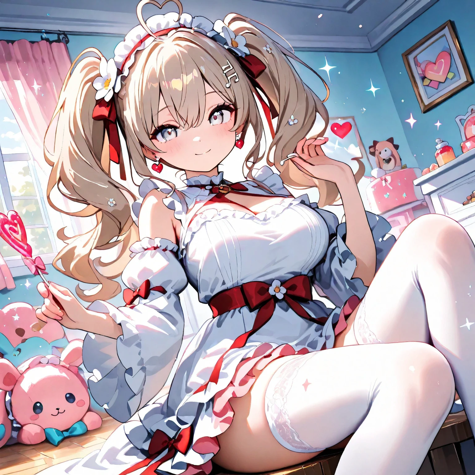 hbest quality， The ultra-Highres， 1girlhugebreasts， 独奏， Flemish scarlet， White soft cap， Red Hat bow， blone hair， side ponytails， red eyes， shinning eyes， fang， red tank top， shortsleeves， Fluffy sleeves， Yellow Ascot， Red frilled skirt， （Crystal wings：1.2）， bobby socks， Mary Janes， redfootwear， laughingly， （（Shy and cute smile））， looking looking at viewer， facingfront， Upper body body， sportrait，The ultra-Highres，Best quality white stockings，Lace socks，Burpee socks，over knee socks，Exudes a cute and shy atmosphere，4K