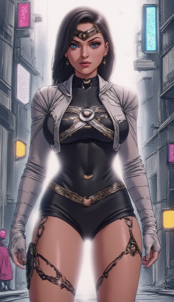 (masterpiece, best quality:1.3), highly detailed, intricate, professional art, digital art, 8K, blake belladonna, (african woman: 2.3), (dark skin: 2.8), stands while looking around, front view, huge breasts, (simple background, single color:1.15), half-body view, animal eyes, cat ears, big ass, black hair, long hair, blunt bangs, lipstick, (purple makeup:1.1), black eyeshadow, smokey eyes, detailed hair, ultra detailed face, yellow eyes, perfect eyes, beautiful eyes, detailed eyes, perfect face, (very dark skin: 1.8), african woman, (african woman: 2.1), very dark skin character, (very dark skin: 3.2) (tail:0), (japanese clothes:0.6), (leotard:1.2), bicep-length gloves, fingerless gloves, (hip vent:0.9), (bridal gauntlets:1.1), shrug (clothing), black gloves, elbow gloves, (young female, 16 years old:1.1, black woman: 2.4), Large Breasts, cleavage, (fit body: 1.1) Half jacket that fused with half leotard. Black and white outfit. Her weapon Gambol Shroud in piston form.