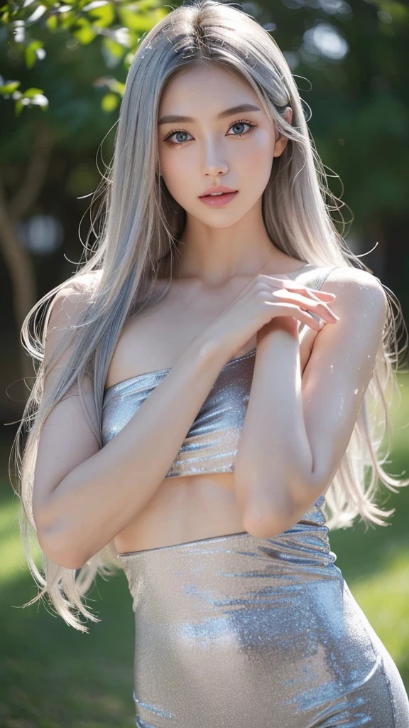 Nice girl、Ann、、whole body、8Head to Body、Glass High Heels、double eyelid、Droopy eyes、Very big eyes、eye shadow、 Very detailed 、 Gentle expression 、smile、attractive appearance、、Thin lips ,beautiful long nose、Small nose tip(Highest quality real texture skin),Abysmal features,(Silver Hair:1.5),(Dramatic Photos:1.4),(Hair floating in the air:1.5),(Nice views),Spectacular realism,,(High-density image review:1.5),(Soft colors:1.2),Super detailed,Dramatic Light,(Intricate details:1.1),Complex background,8k、Actual photo、Ultra-high resolution, Master Parts, highest quality,、Very beautiful woman、long supple legs、 Very sharp shadows , jewelry , sexy , fine grain, extremely difficult, Glowing Skin , Perfect and wonderful Ann, Dramatic Shadows ,Gold tiara on the head、See-through white dress with gold embroidery