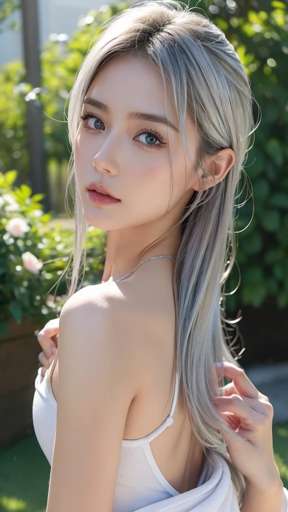 deep-pink lace thong, (((Very elegant and beautiful, Perfect detail, Super detailed))), whole body, The most detailed girl, Depth of written boundary, 美しく詳細なwhole body, Thin legs, 1 girl, 30 years old, Very short hair, Spiked Hair, Gray and silver hair, Beautiful detailed hair, Perfect Face, Expressionless, Beautifully detailed deep eyes, Open your mouth a little, Delicate arms and hands, Pale skin, Earrings, Beautiful and gorgeous necklace, Colorful background, HD background, Blurred Background, Very delicate and beautiful, Masterpiece, (((Highest quality, Very beautiful 8K CG wallpaper))), (((Trendy hairstyles))), (Inside the room,Stylish interior,window),