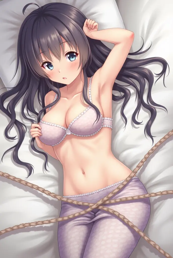 ((masterpiece)), ((best quality)), (ultra-detailed), NSFW, ((torture chamber)),a cute girl, 1girl, solo, ((white collared shirt with black bra on the breast)),(rope bound arms), (both hands are bound and is hung above head), ((thin waist)),((shibari)),((waist torture))(((hemp rope bound waist))),beautiful brown hair, beautiful blue eyes, (beautiful eyes), long hair, ((black skirt)) ((embarrassed face)), ((lying on the bed))