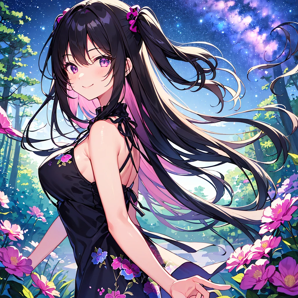 Vast landscape photos、(View from below with a view of the sky and the wilderness below)、Woman standing in a flower garden and looking up Huge(1.9)(fullmoon:1.2)、(shooting stars:0.9)、(nebulas:1.3)、mountain in the distance、Tree BREAK Production Art、(Warm color Light Source:1.2)、(fireflys:1.2)、abajour、Purple and orange、intricate detailes、Volume Lighting BREAK (masterpiece:1.2)、(top-quality)、4k、ultra-detailliert、(The composition of the movement:1.4)、Highly detailed and colorful details(Irridescent color:1.2)、(glowing lighting、Atmospheric illumination)、dream-like、Magical、(独奏:1.2)、Happy Birthday Cake and Dancing、congratulations、Fish Country、
