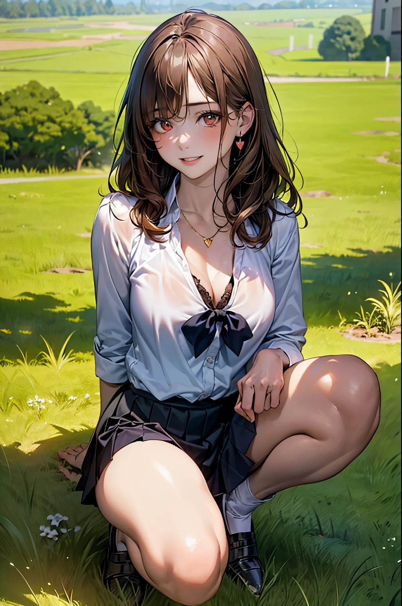 (masterpiece:1.2, top-quality), (realistic, photorealistic:1.4), beautiful illustration, (natural side lighting, movie lighting), 
looking at viewer, cowboy shot, front view:0.6, 1 girl, japanese, high school girl, perfect face, cute and symmetrical face, shiny skin, 
(long hair:1.8, straight hair:1.7, light brown hair), parted bangs, emerald green eyes, long eye lasher, (large breasts:0.9, thick thighs), 
beautiful hair, beautiful face, beautiful detailed eyes, beautiful clavicle, beautiful body, beautiful chest, beautiful thigh, beautiful legs, beautiful fingers, 
((, white collared shirts, black pleated mini skirt, black socks, brown loafers, red bow tie)), break, hoop ring earrings, pink panties, dark blue school bag, violet cardigan, break,
(beautiful scenery), evening, riverside, walking, hands on chest, (lovely smile, upper eyes), A masterpiece, top quality, highest definition, 32K, one big dog, one beautiful woman. Platinum blonde, straight hair in one length. Slit eyes, green eyes, model like, beautiful,
shirt, mini tight skirt. On all fours in a grassy field, a dog hugs the woman's back.
Woman's face, bright red, flushed,One large dog on all fours, a girl, on all fours in a grassy meadow, the dog is holding the woman from behind, close to her waist, and mating with her.

In a wooded area, amidst thick vegetation ((The girl was wearing a shirt with a wide opening at the chest, revealing her cleavage. The girl's breasts are large and her nipples are standing out, even on her clothes.
Her face is bright red, her brow is furrowed, and her mouth is open in an expression of delight.
