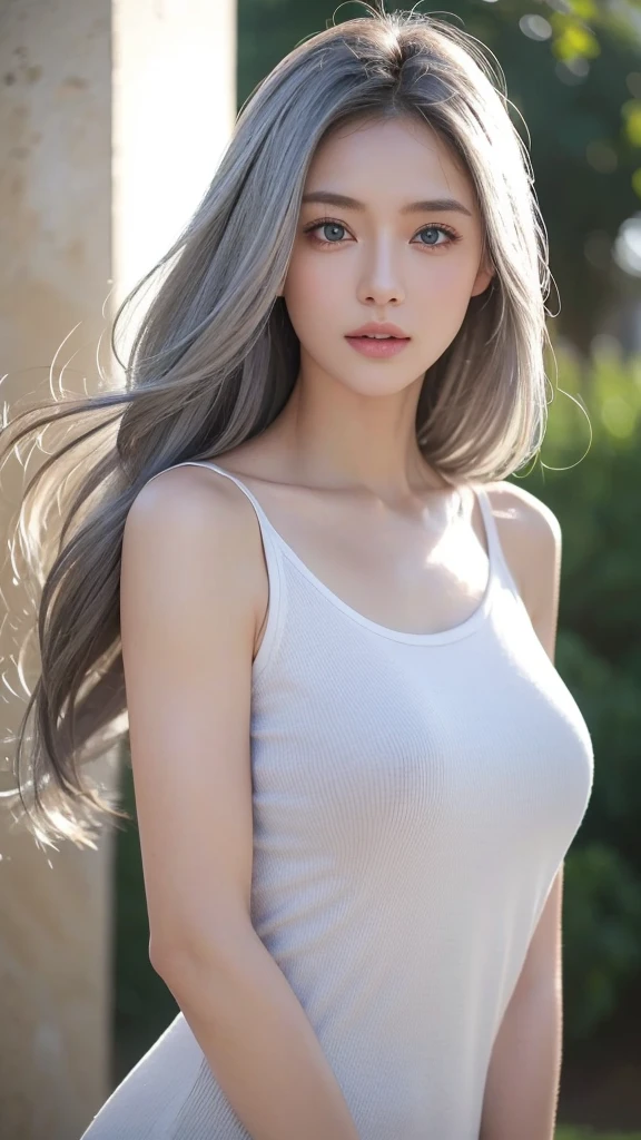 Best quality, masterpiece, ultra high res, (photorealistic:1.5), raw photo, 1girl, offshoulder, in the dark, deep shadow, low key, cold light, sexy look, white hair, long wavy hair, in the club, brown eyes, eastern European, curly hair, near beach