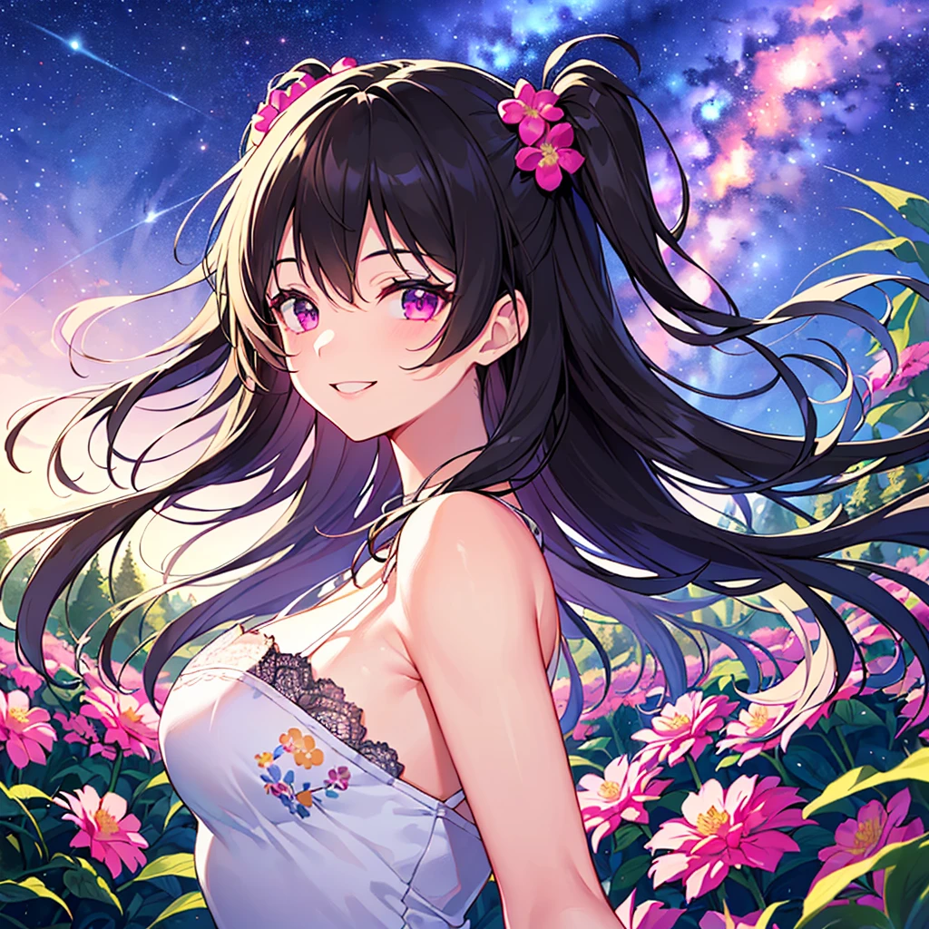 masterpiece, best quality, high quality, extremely detailed, very delicate and beautiful, (1 female 18 years old solo:1.5), (long black hair up to waist with two side up:1.5), bangs to eyebrows, eyes (eyes sharp, strong, glossy, glossy eyebrows), (eye color magenta:1.3), 6.5 head height, (bikini swimsuit summer flower print:1.3), ruffled, (smiling), (standing:1.3), (dynamic pose), (background waterfall forest:1.3) ,(Milky Way Night Sky:1.3), (upper body:1.3)