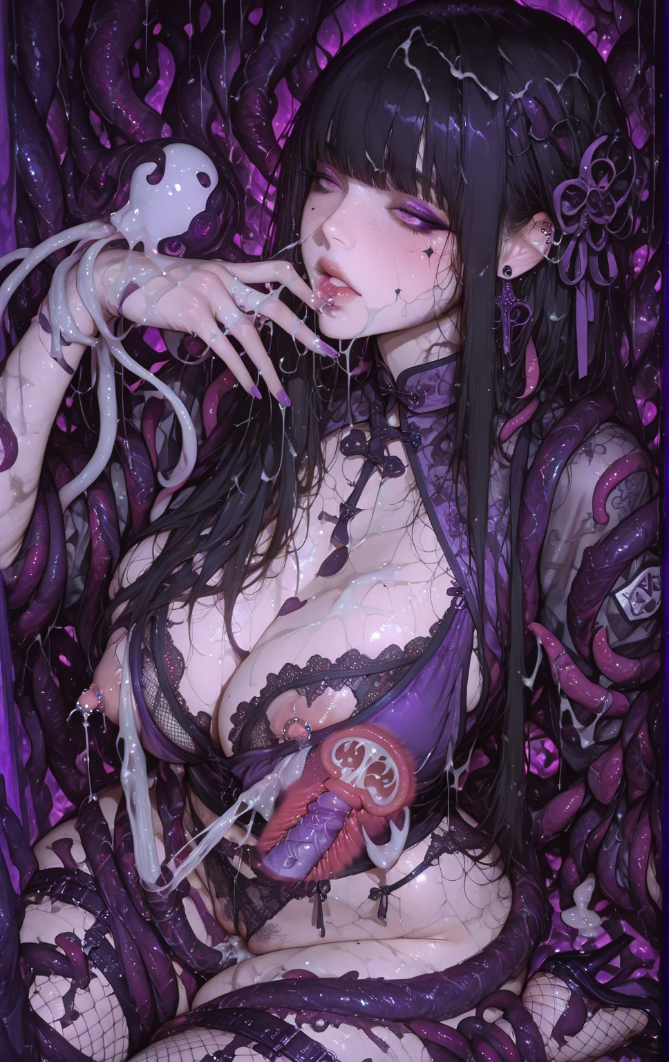 Tabletop, Highest quality, 1 girl, alone,, ,Small breasts,NSFW,Tentacles,,((vagina )),((Sex))、Happy expression、(Excess semen)、vaginaから溢れる精液、vagina、(Standing Sex)、、(),(tentacle sex)、tentacle、(Slim waist)(Small waist)(Beautiful curves)、(Embarrassed expression)、(A pleasant looking face)(orgasm face)