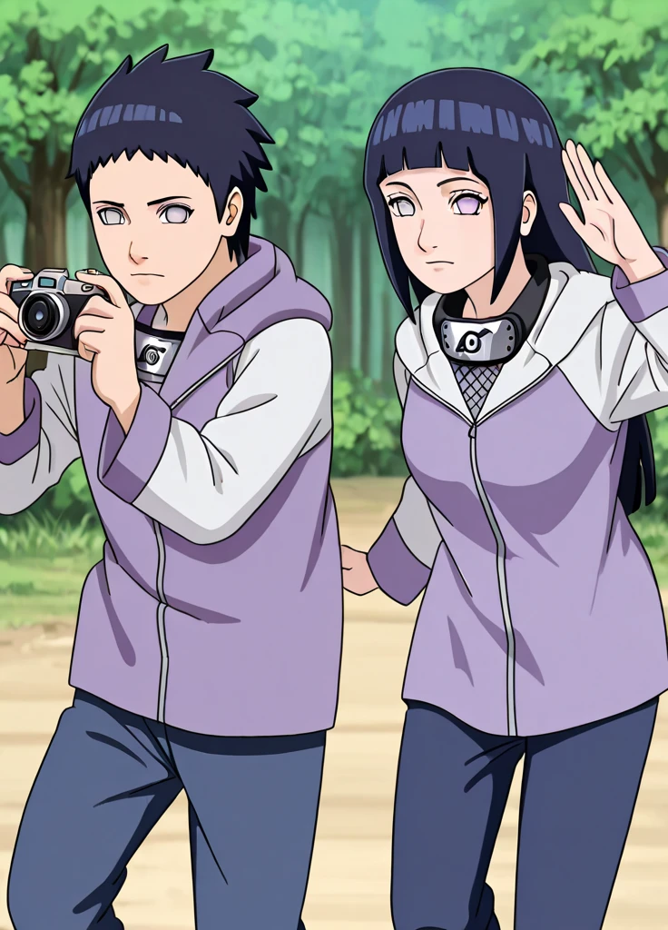 1 menina, Sozinho, Hinata\(Boruto\), hooded coat
Headband,Konohagakure symbol,fishnets, blue pants, Hinata Hyuga, looking at the camera,franja reta,dark blue hair,clear eyes,forehead protector,Konohagakure symbol,purple and white hooded jacket,fishnets,blue pants, suado, fighting position