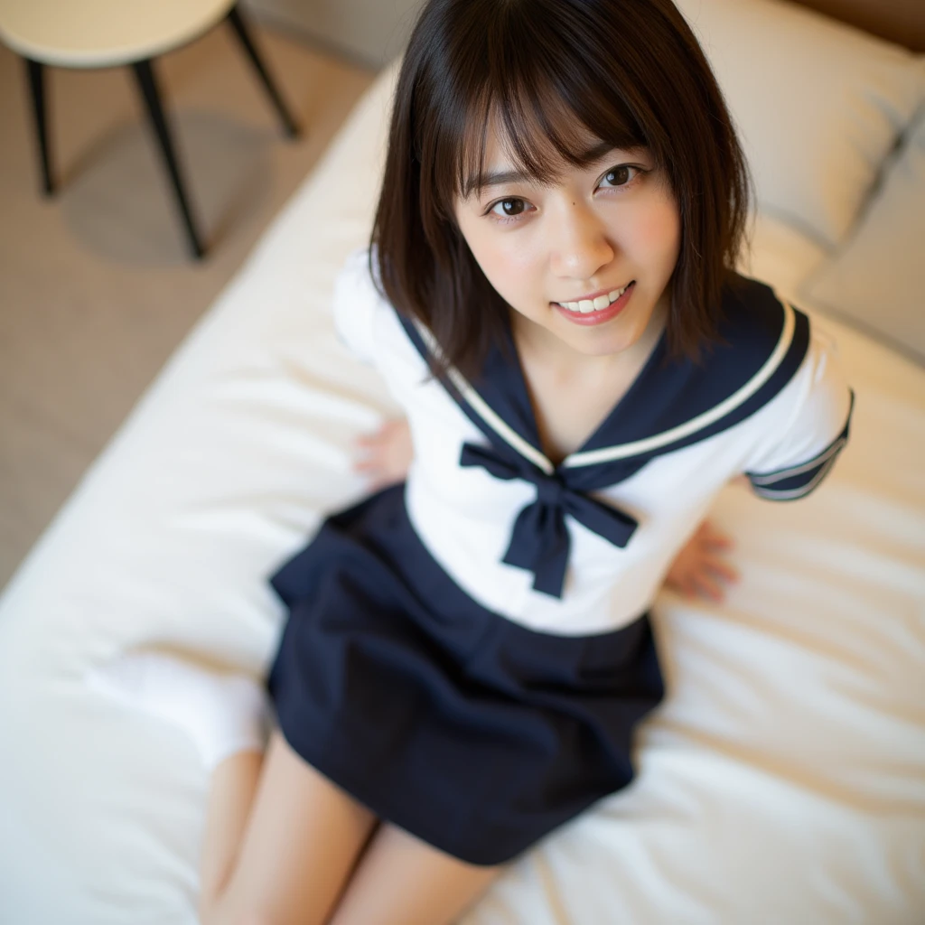 Highest quality, masterpiece, Ultra-high resolution, (reality: 1.4), Original photo, 1 female, mature, smile, short hair, Plump body, , Cinema Lighting, Exact finger count、Exact number of legs、(Exact number of arms:1.0, Exact number of hands:1.0), (Perfect hands, Perfect Anatomy), Cinematic, reality的, Extremely detailed CG, night lighting, Perfect lighting, Best Shadow, The best natural light, smile, ((女性がWhite pantiesを披露する:1.3)), (school uniform, Sailor suit, Knee-high socks, loafers, Navy pleated mini skirt:1.3), White panties, Angle from the front