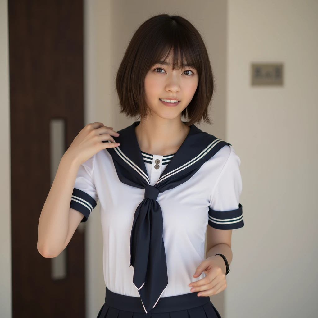 photorealistic, 1 japanese lowteen girl, smile, tight short serafuku,