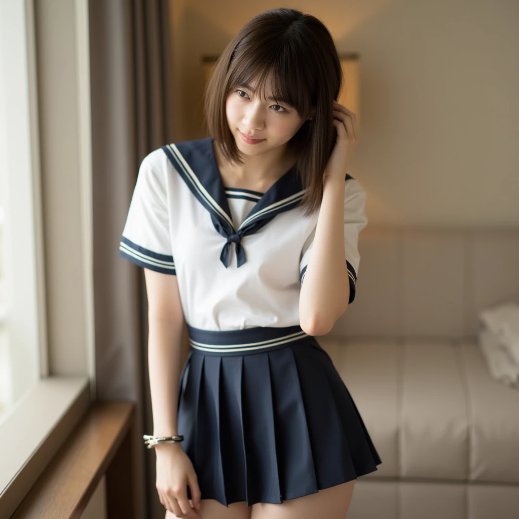 (8k、high resolution、high quality、Front view、Sunlight), One girl standing in the study, looking at me, Japanese girl, bow tie, white sleeveless, white high leg swimming suit, white mini frilled skirt, dark blue long socks, brainwashed by me, waiting for my instructions