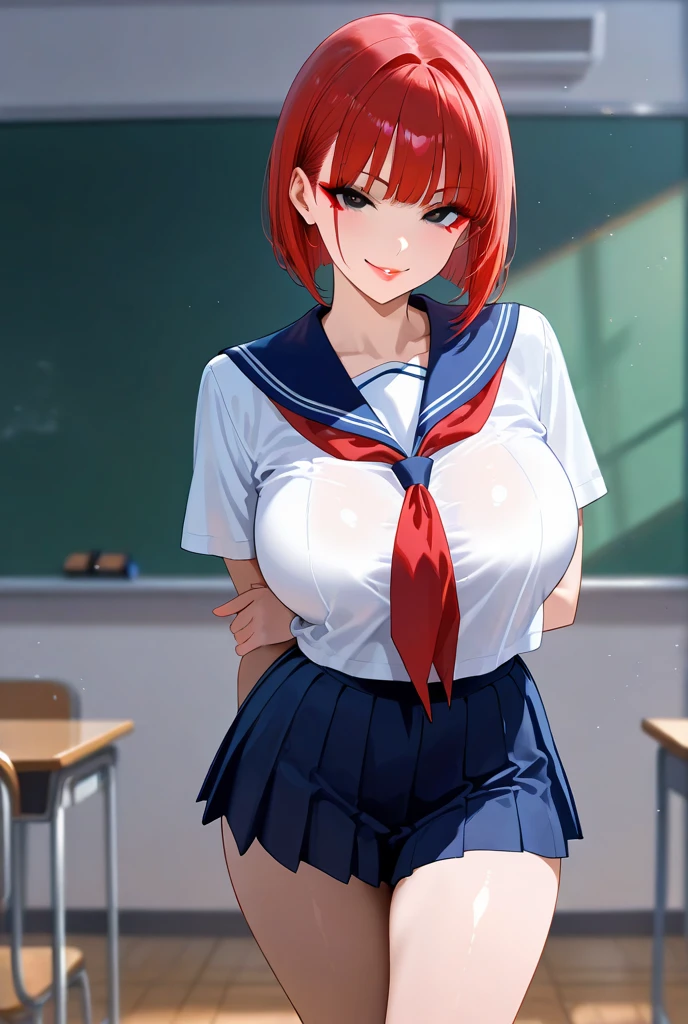 ((((masterpiece, best quality, high resolution)))), Extremely detailed 8K, Beautiful girl with voluptuous body, (Ultra HD, Ultra-detailed, Highly detailed, Highly realistic, Ultra-realistic, photograph realistic), (1girl:1.5), (Realistic red hair), (short wavy hair, hair ornaments, earrings), (dynamic poses), facing at camera, looking at viewer, (blushing red, embarrassed, exhausted, smile), (pink eyes, sharp eyes), (extra huge perky breasts:1.2), (wide hips:1.2), (beautiful detailed face, beautiful detailed eyes), ((sailor fuku uniform, red ribbon, blue plated skirt)), (detail pussy), (standing), sweat, glow, (sunbeam, sunlight), ((cowboy shot)), classroom, seductive