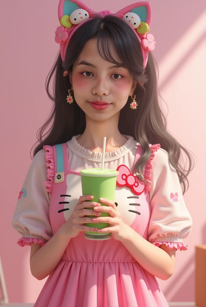 poster design, Flower elements, Starry sky elements, weird, Girl holding two hands and a hat, Dark silver, light green, red light, whole body, Corporate punk, 角色detail设计, Plush doll art style, Colorful animation stills, colorful animation stills, Garage Kit, 2D, 2D Game Art, Cute and colorful, intellectual property, 3d, C4D, Blender, Unreal Engine, 8K, OC Renderer, Excellent lighting, Chiaroscuro, detail, Art Award, Light, Ultra HD, 3d rendering, Realistic design, best quality, Holding coffee cup，whole body，Standing