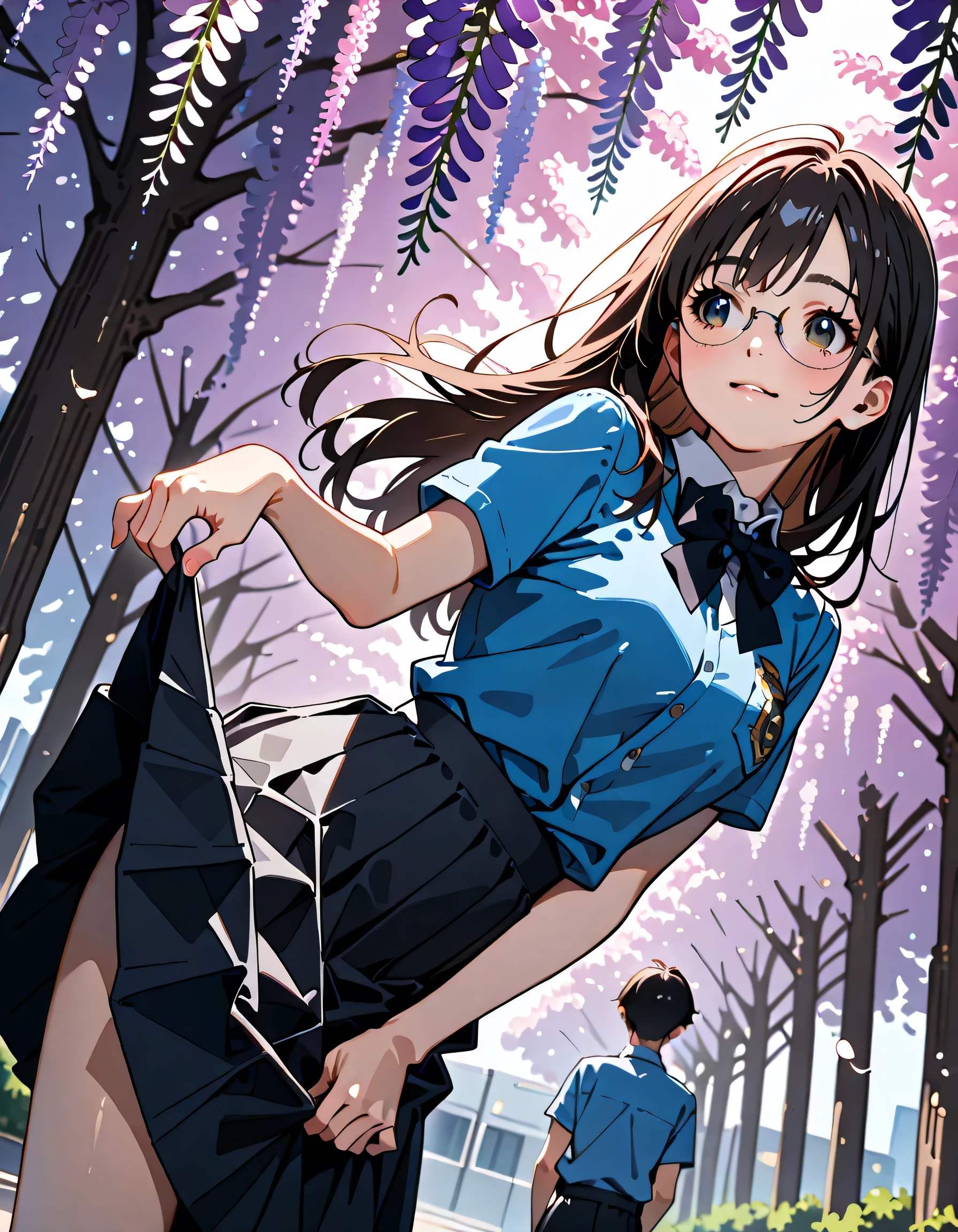 (score_9, score_8_up, score_7_up), source_Anime, absurd_res, white, blue, black, 2girls, duo, super fine illustration, an extremely delicate and beautiful, best quality, masterpiece, 8K, spring setting, wisteria flowers, gentle breeze, sunlight filtering through trees, (long silver hair), (twin side-up), (blue eyes), ultra-beautiful girl, (long black hair), (half updo:1.2), brown eyes, (wearing glasses:1.2), (round eyewear:1.2), ultra-beautiful girl, blushing faces, surprised expression, embarrassed reaction, skirts lifting from sudden wind, hands desperately holding skirts down, dynamic pose, soft fabric movement, fluttering petals, warm and bright atmosphere, soft lighting, delicate color palette, detailed clothing folds, flowing hair, lively spring vibe, highly detailed rendering, breathtaking composition,