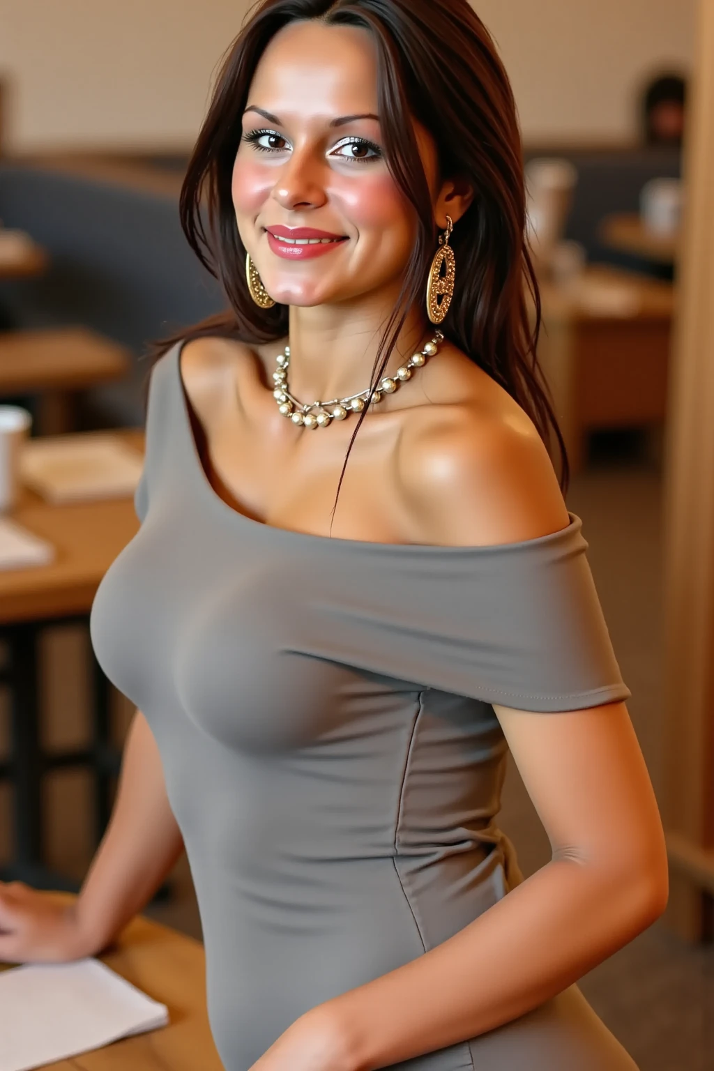((A mature woman sits in front of a café)),((white tight turtleneck shirts:1.3)) Photography, Masterpiece, Best quality, dark grey background, ((Mature women, Wife, Mom, A MILF)), Perfect face, ((Breast-huge)), ((1 girl with brown eyes and gorgeous light black hair)). a Pretty woman,age 40, Ultra-detailed face, Detailed eyes, Embarrassed, Smile, Summer, Daytime, full body, dated, mini skirt, coat, boots