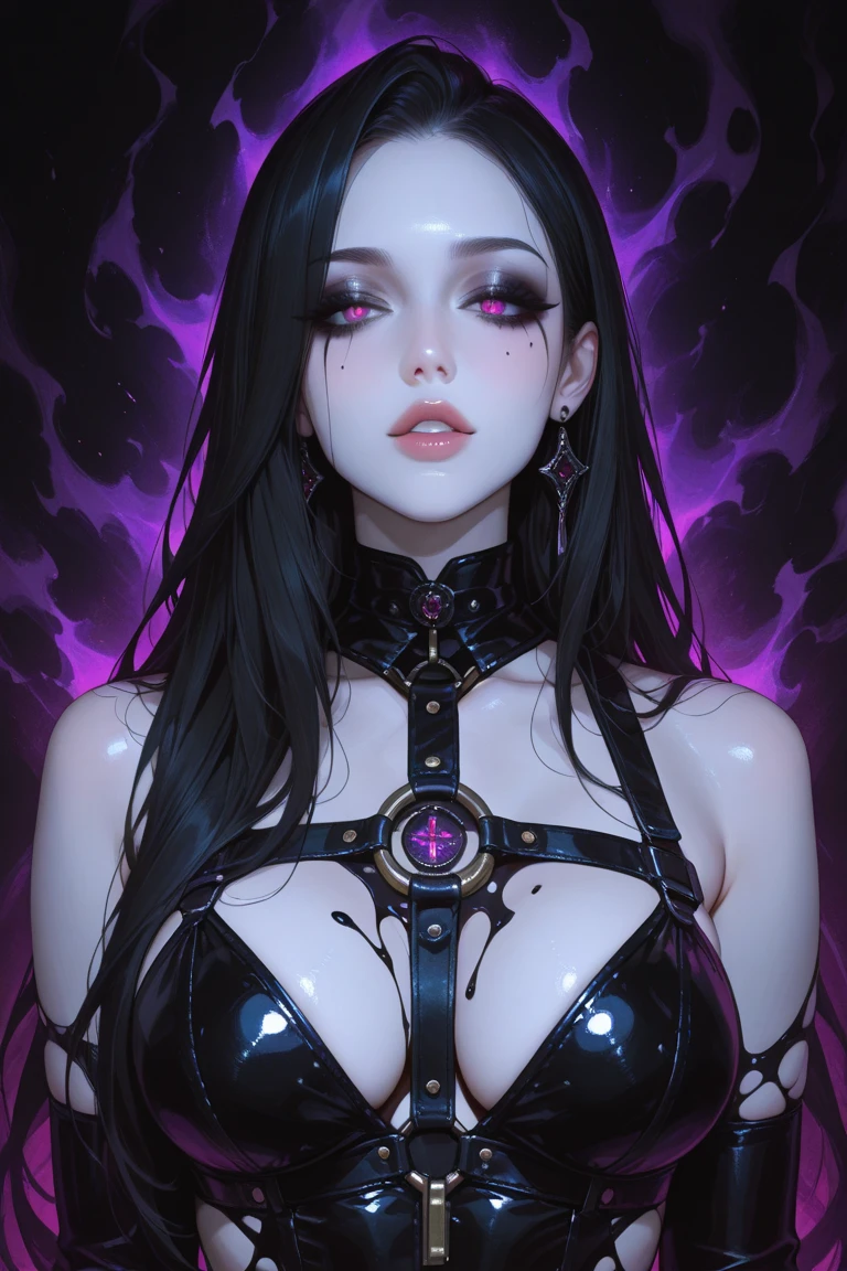 female vampire, dark cave background, black eyes, red pupils, purple hair, fantasy colors, random beautiful dress, half body, dangerous, creepy look, masterpiece, ultra high details