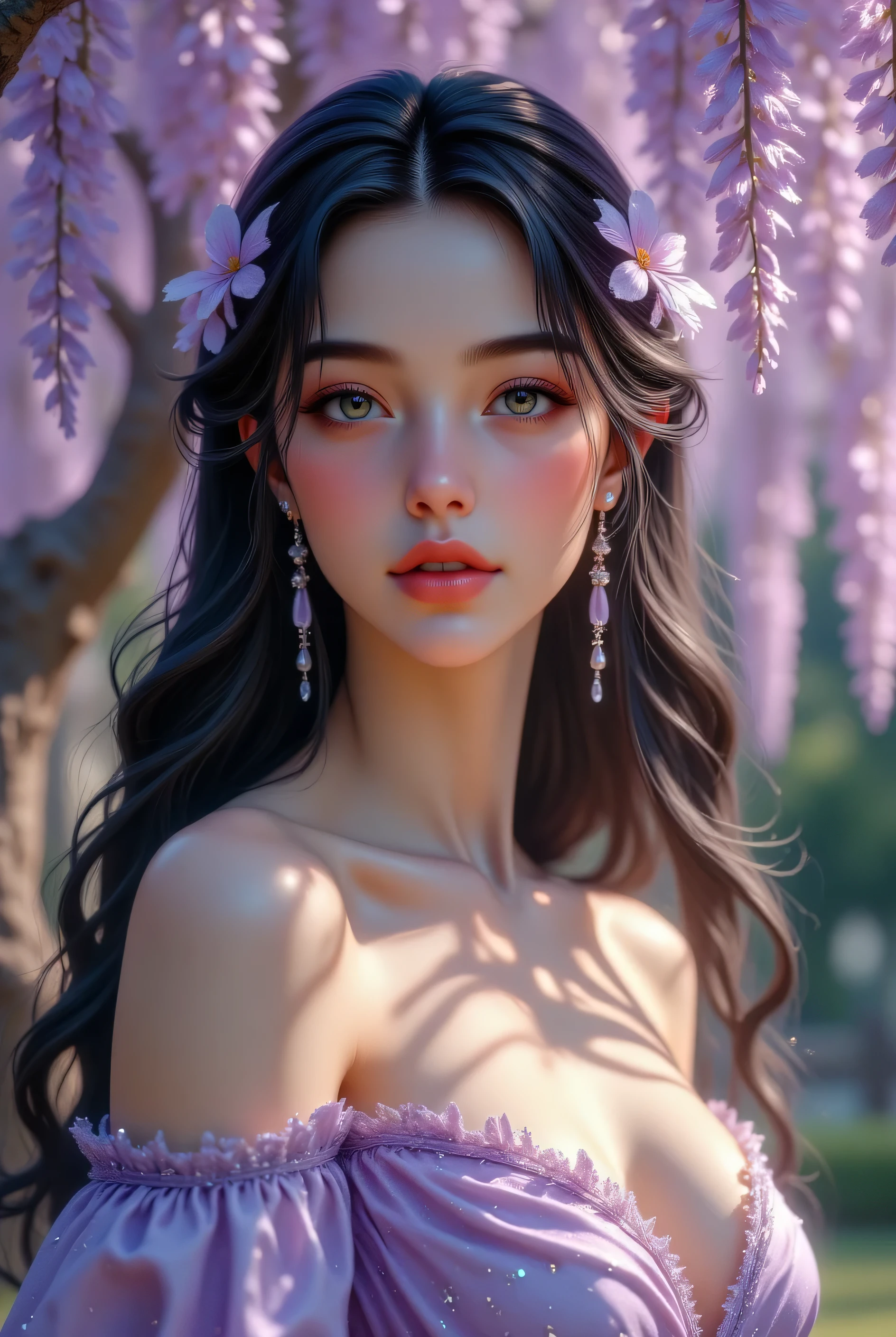 A beautiful young woman standing among blooming purple wisteria flowers, soft natural lighting, gentle breeze blowing her long dark hair, dreamy bokeh background, soft shadows, elegant and calm expression, delicate features, pastel lavender dress with light pleats, cinematic color grading, shallow depth of field, ultra high resolution, ethereal and romantic atmosphere, captured in springtime, The photo is high-resolution, hyper-realistic, with delicate lighting, natural soft focus, and vivid floral details. Captured in golden hour lighting, 85mm lens style, bokeh background, ultra-HD 8K, perfect skin texture, editorial photography, Adorable 3D Character, 8K , depth of field , focused subject , dynamic angle , sexy pose , best quality , detailed eyes , perfect eyes , realistic, a stunning fairy girl adorned with lustrous golden locks and sparkling eye makeup, highly detailed, masterpiece, , 3D render, adorable character, 3D art, professional 3d model . octane render, highly detailed, volumetric, dramatic lighting, Expressive, wide eyed, biting her lip, shocked, realistic skin textures, she's horny, wet skin, laying on bed in forest, on all fours, (slim fit), pose , Ultra-detailed, cinematic lighting, high-resolution. Studio Ghibli Dark Fairytale, style
