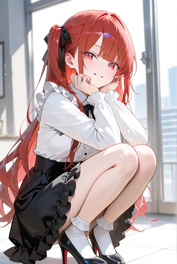 1girl, solo,Ponytail,Red Hair,MASHIROIRO SYMPHONY, INUI SANA,Showing the panties,masterpiece,best quality,highres,ultra-detailed,inui sana,blue eyes,long hair,red hair,high ponytail,ahoge,braid,hair between eyes,bangs,hair bow,neck ribbon,long sleeves,white jacket,collared shirt,juliet sleeves,white skirt,(black socks:1.2)