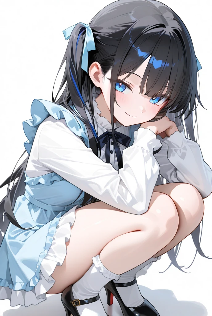 (((masterpiece))), (((highest quality))), (((ウルトラ - High resolution))), (((High resolution))), (((Super technique illustration))), (dark blue hair), (from below:1.4), (one girl), (walk), (very cute super thick long sleeve blouse in pale pink color:1.3), (White ruffles on pleated skirt:1.4), (girl:1.5), (child:1.4), (fold your hands in front of your chest:1.3), (Very long dark blue sideburns), very cute, Moe anime style, (cowboy shot:1.2), (Extra Ultra Flat Chest:1.5), (very small breasts:1.5), (Extra-thick long-sleeved blouse:1.2), (very cute super thick long sleeve blouse in pale pink color:1.3), (white socks:1.2), (White ruffles on pleated skirt:1.2), (girl:1.5), (Extra Ultra Flat Chest:1.1), (very small breasts:1.2), Transparent facial depiction, highly detailed eye depiction, (Dark blue straight long hair:1.3), (Simple hair clip:1.2), (Super long and thick sideburns of dark blue color:1.4), (laughter:1.3), (Dark blue super wide front bangs:1.3), (Simple hair clip:1.1), (small blue eyes:1.2), (((clear eyes))), sparkling eyes, (slightly droopy eyes:1.3), (Super thick sideburns and super long sideburns:1.1), (Super long and thick sideburns:1.1), (Extra Ultra Flat Chest:1.4), (very small breasts:1.4), (Ahoge:1.1), (Alice in Wonderland Cosplay:1.4), (Light Blue Ribbon Headband:1.3), (white apron with frills:1.4), (Very cute pose:1.2), (A very cute Alice in Wonderland costume:1.4), (cowboy shot:1.4), (sit on a chair:1.4), (laughing:1.2), (flower pot:1.4), (pow pose:1.4)