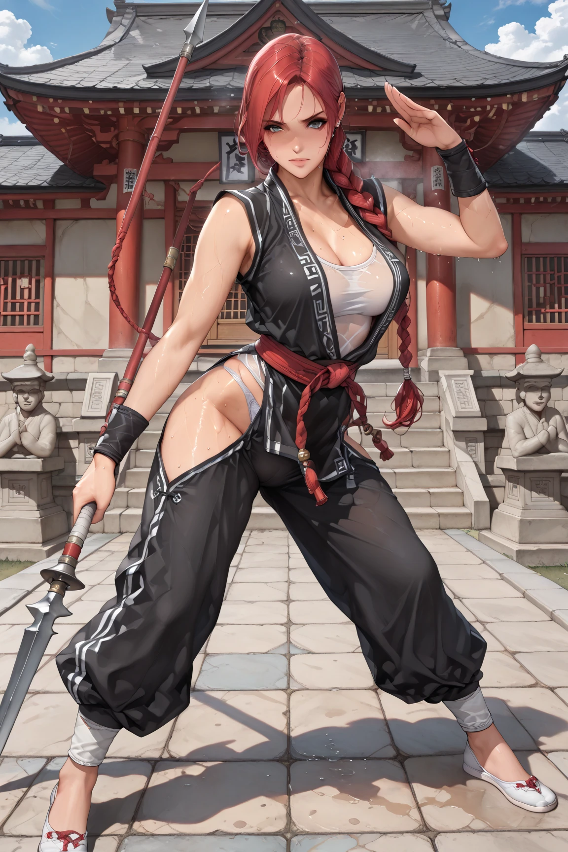 (highly detailed hands, hand model:1.4), anime style, sci-fi ninja  , dark leather , short skirt,auburn hair, Half Up Fishtail Braid,long hair, japanese, small breasts, slim figure, full body, shuriken, handstand, , in a Roman valley<lora:EnvyAssassinXL01:1>