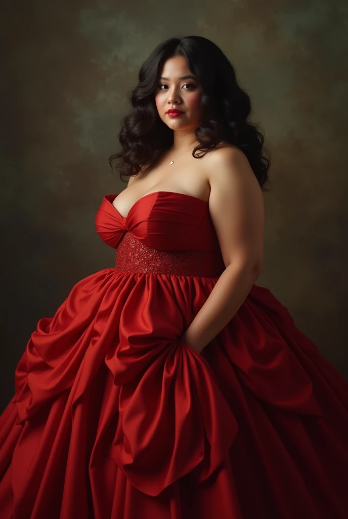 Realistic photography. Overweight brunette woman, about about 4,0 years, in a beautiful dress with rhinestones, holding red roses in his hands, stands among beautiful red roses, that sparkle with rhinestones.