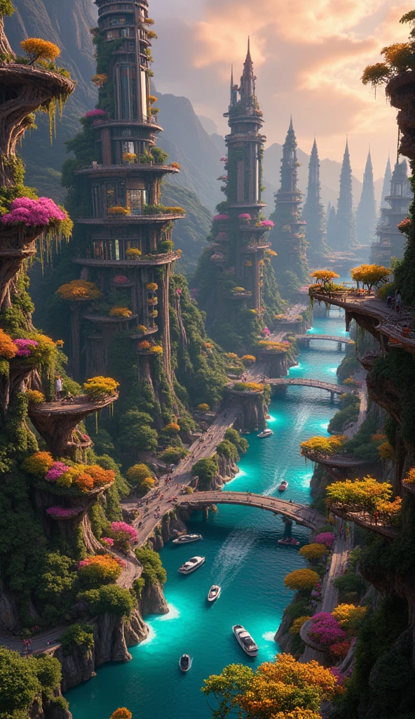 Photo réelle aux détails soignés. Vue d'une grande ville animée à l'architecture organique. Perspective aérienne sur une ville végétale parcourue de canaux de circulation fluviale. Bâtiments organiques transparents, leurs structures gigantesques en courbes tordues sont entièrement réalisées en végétaux fantastiques, les immeubles sont sculptés à même les troncs et les branches noueuses d'une végétation extraterrestre fantastique et luxuriante. Végétation abondante aux proportions démesurées. L'architecture, souple et vivante, où la transparence et la légèreté dominent s'adapte à ses formes irrégulières. Végétation aux couleurs gaies, omniprésente et vivifiante. Chaque partie des plantes est utilisée pour l'architecture, depuis les pétales des fleurs qui servent d'ombrage à des terrasses suspendues, jusqu'aux racines aériennes dans lesquelles sont aménagées des rails de métro, en passant par les lianes qui servent de support à des ascenseurs vitrés. Au sol, 100mètres plus bas, le delta d'un fleuve promène ses méandres au cœur de la ville. Aucun boulevard ni rue, la voiture n'existe pas. Des embarcations de toutes tailles, naviguent sur les larges méandres du fleuve, enjambés de passerelles piétonnes vitrées suspendues par des lianes à des hauteurs vertigineuses. Les sillages des bateaux créent des motifs dynamiques sur les eaux. L'atmosphère est calme et apaisante tout en étant pleine d'énergie, avec un équilibre saisissant entre la densité urbaine et la tranquillité de la nature. L'éclairage public est assuré exclusivement par la bioluminescence végétale. Le ciel est dégagé, les dernières lueurs du soleil à la tombée de la nuit viennent créer des harmonies avec les lumières artificielles qui s'allument dans les appartements et les bureaux.  Les couleurs sont profondes. La composition est parfaite et utilise un effet de perspective pour démontrer la densité de la ville. Photographie réelle avec une focale très longue. Ambiance urbaine, organique et dynamique.