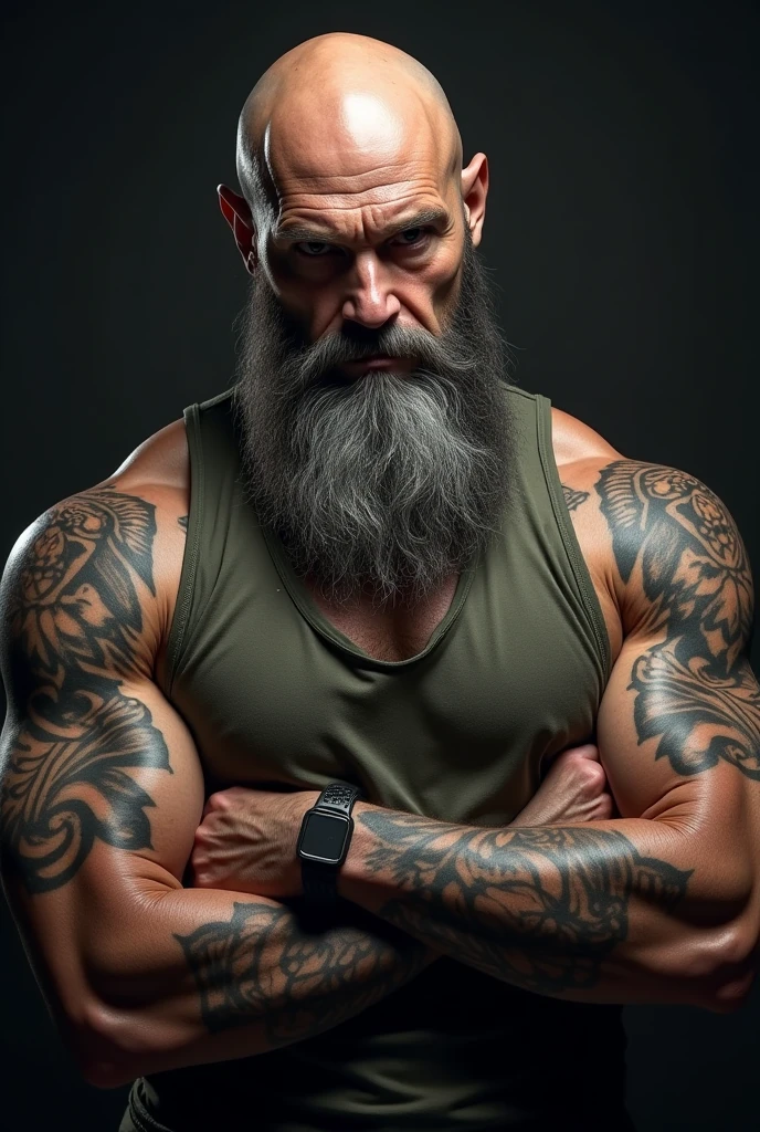 Shirtless man with tattoo on chest and arm, with a white beard and sunglasses, with black hair and blue highlights and angelic pants