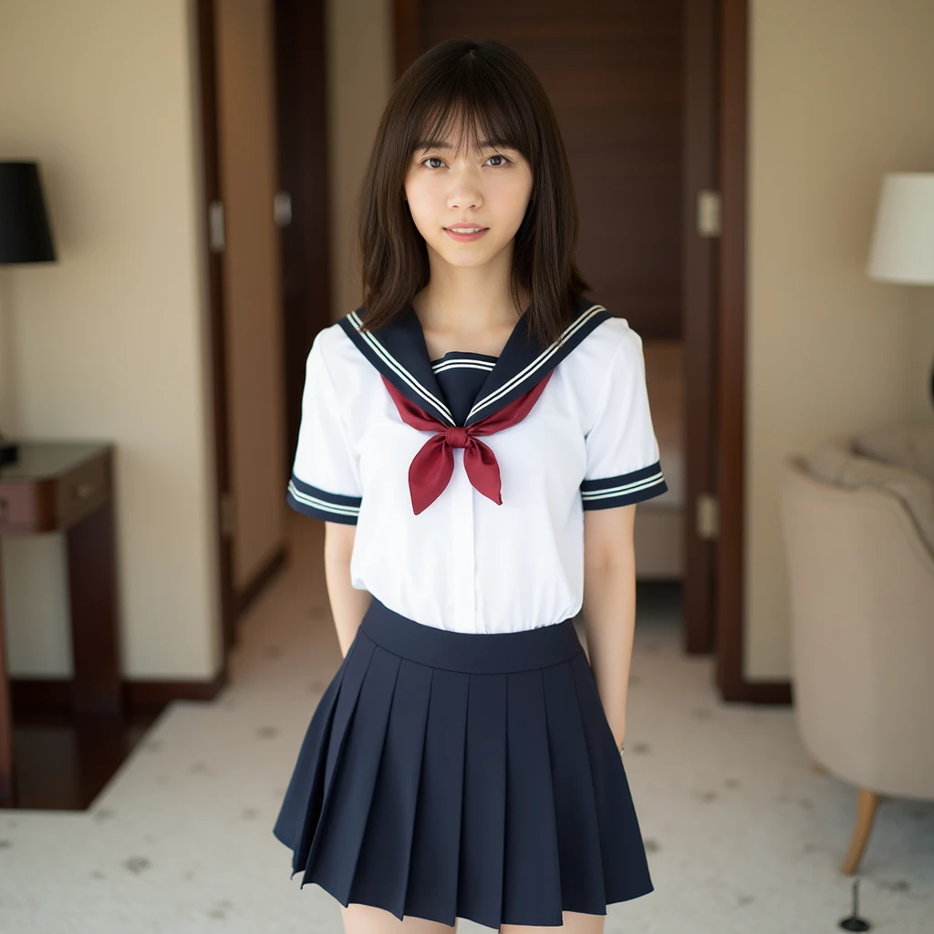 ((Highest quality)), ((Photo quality)), (detailed), Perfect Face,15 years old,Upper Body,Thin arms,White skin,bed,Japanese Uniform,Summer clothes,middle School girls,Sailor suit,Navy Blue Skirt,Red ribbon,Bedroom