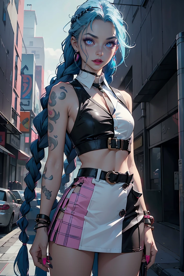 (masterpiece, best quality), 1girl, long hair, blue hair, white T-shirt, black vest, pink skirt, red scarf, tattoos, choker, pink riding boots, stockings, night
