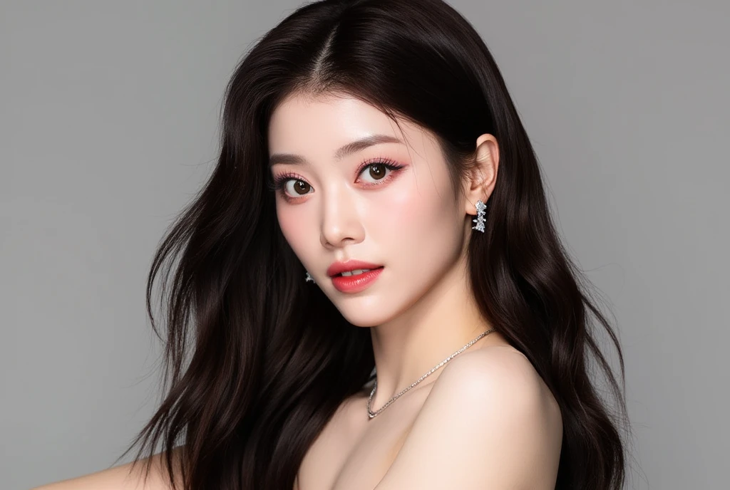 woman in red coat and black skirt,Single ponytail hairstyle,There is a red rose on the head,Long curly hair ,黑色Long curly hair