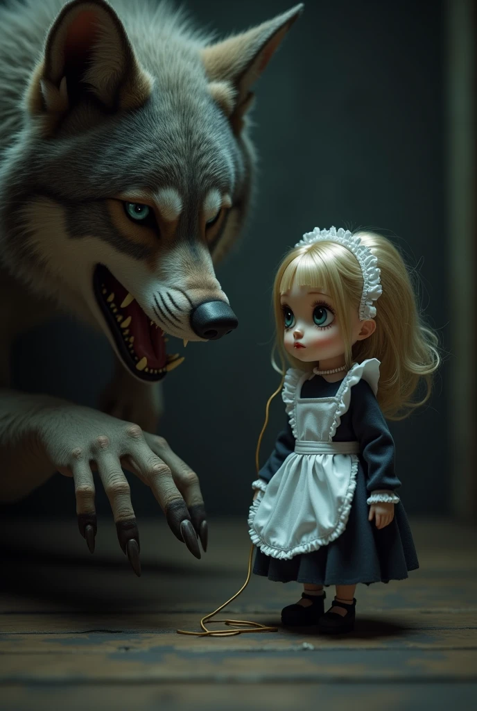 masterpiece、best quality、Best portrayal、Photo style、A cute doll dressed as a maid is manipulated with a string by a suspicious anthropomorphic wolf