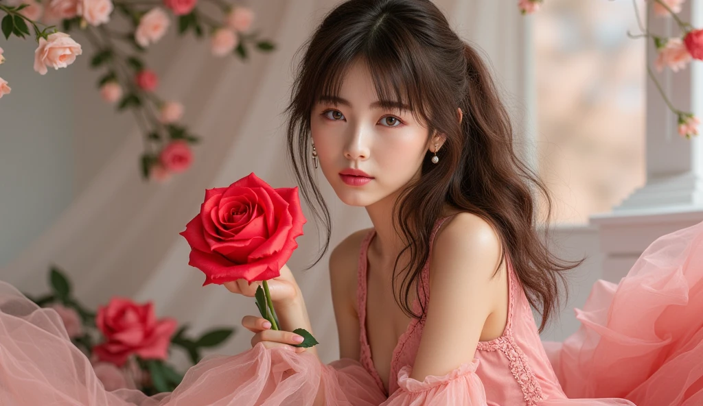 (Realistic, photo-Realistic:1.37),(8K, RAW Photos, Highest quality, masterpiece:1.2), cute, Ultra-detailed, 超High resolution, Kodak Vision Color, Filmed with an Arricam LT camera,Highest quality, Lively, 8K, High resolution, 1 girl, Escape, (Professional Lighting), (Portraiture:0.6), Brown Hair,21 years old、slender、Japanese、masterpiece, beautiful, elegant、flamenco、dancer、passionate、Red Rose、