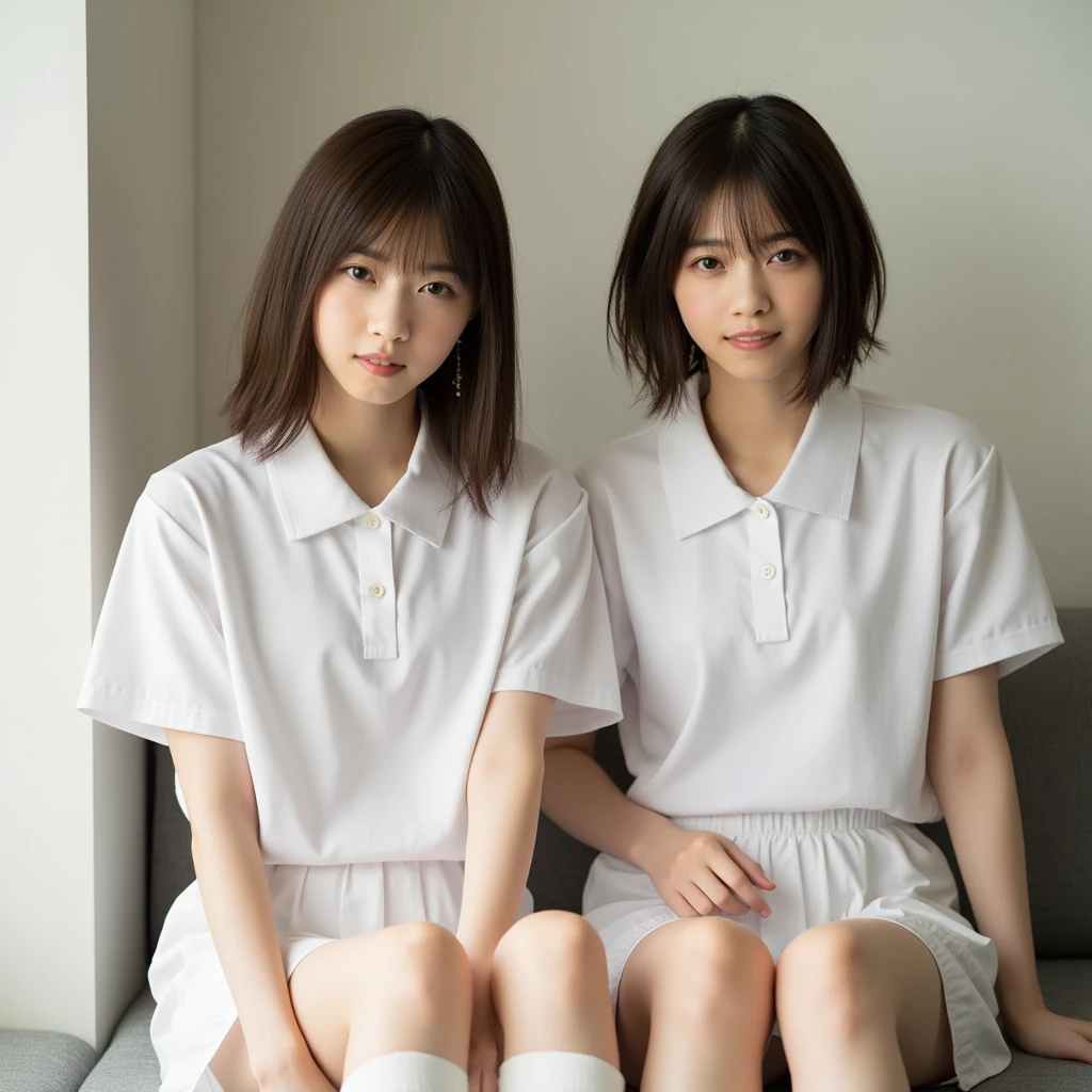 (8K, highest quality,High resolution,super detailed,realistic:1.2), japanese girl, cute girls, 24-years-old, white uniform,(sexy,Charm,Charmな:1.1) Pause, multiple girls,(harmony,synchronized:1.1) motion and static, (cushion,pillow:1.1), abundant light, big breasts, cleavage, butt cleavage, random hairstyle, random hair color