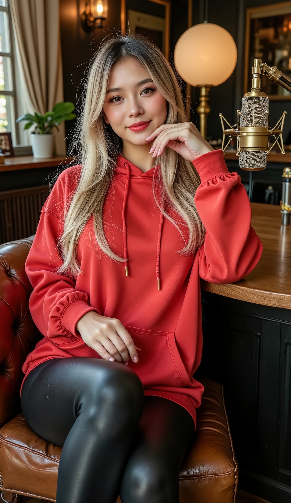 high saturated and colored photo, full body shot, realistic photography photo of sexy seductive woman with long, wavy blond hair, makeup, red shiny lipstick, (blond hair) , (sexy makeup , eyeliner , long eyelashes),
woman in her early 30s, wearing an oversized sleeveless v-nick red hoodie and dark jet black leggings, seated leg on a worn leather couch in a podcast studio with one leg over . sitting in front of a table with big golden microphone. looking at the viewer. smiling. ((deep v-nick: 1.5)), bright lights. one of her hands under her chin, and the other hand on her thighs