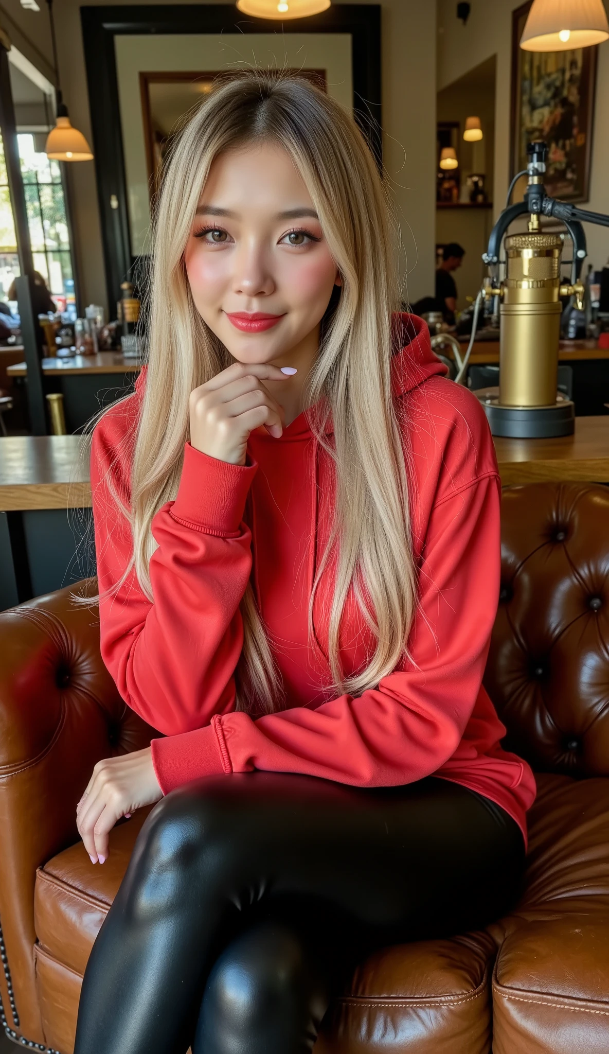 high saturated and colored photo, full body shot, realistic photography photo of sexy seductive woman with long, wavy blond hair, makeup, red shiny lipstick, (blond hair) , (sexy makeup , eyeliner , long eyelashes),
woman in her early 30s, wearing an oversized sleeveless v-nick red hoodie and dark jet black leggings, seated leg on a worn leather couch in a podcast studio with one leg over . sitting in front of a table with big golden microphone. looking at the viewer. smiling. ((deep v-nick: 1.5)), bright lights. one of her hands under her chin, and the other hand on her thighs
